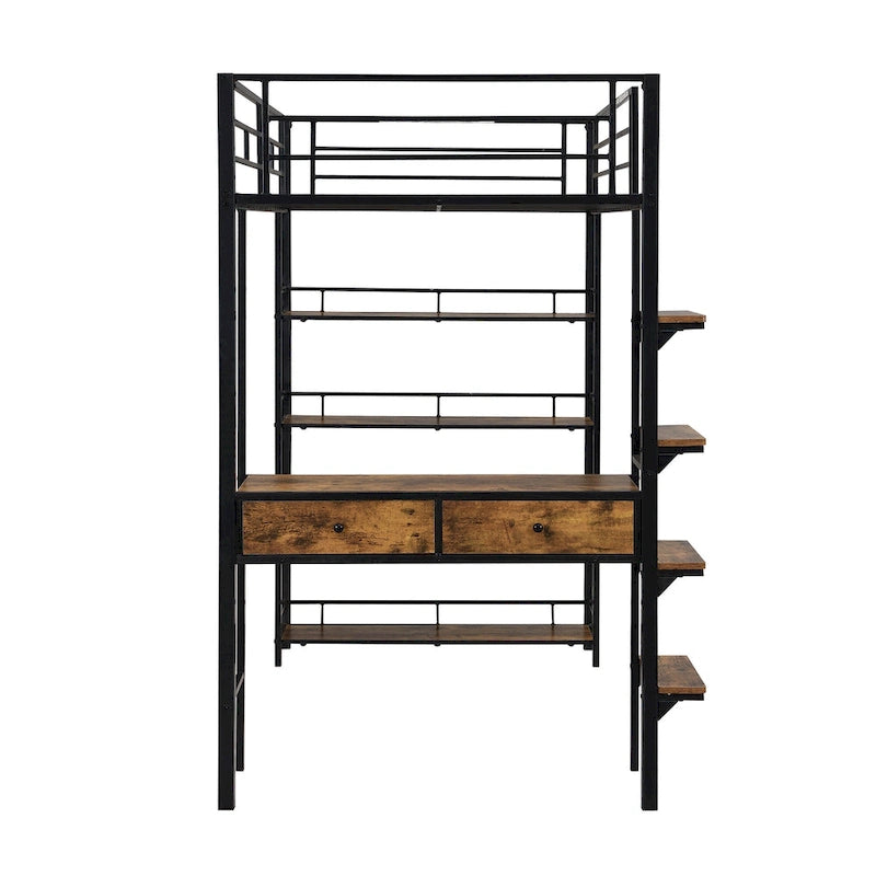Lit mezzanine industriel noir en métal format jumeau avec escalier de rangement, bureau et étagères à 4 niveaux