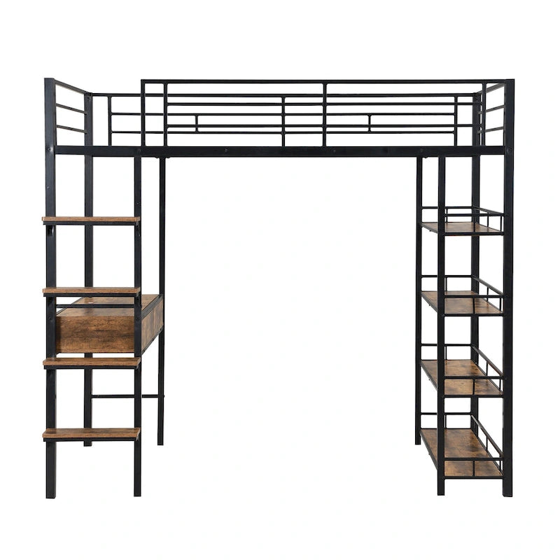 Lit mezzanine industriel noir en métal format jumeau avec escalier de rangement, bureau et étagères à 4 niveaux