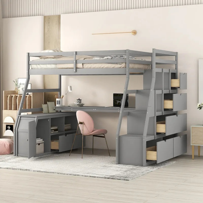 Lit mezzanine gris en pin avec 7 tiroirs, escalier de rangement et bureau, taille double