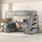 Gray Twin Size Wood Loft Bed with 7 Drawers 2 Shelves, Ladder and Desk for Kids, Bedroom