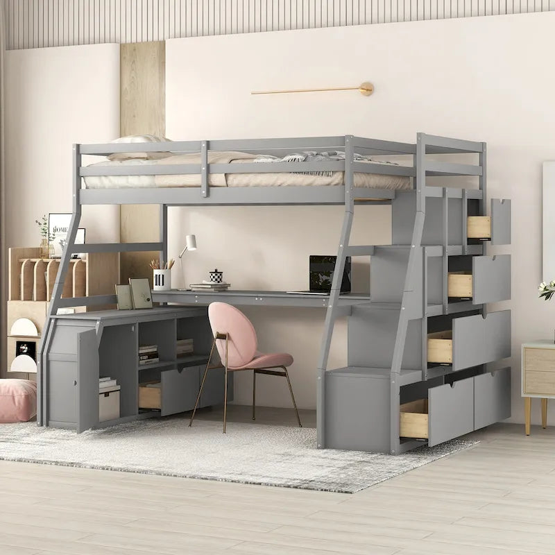 Gray Twin Size Wood Loft Bed with 7 Drawers 2 Shelves, Ladder and Desk for Kids, Bedroom