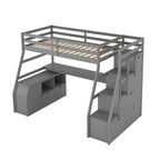 Lit mezzanine gris en pin avec 7 tiroirs, escalier de rangement et bureau, taille double