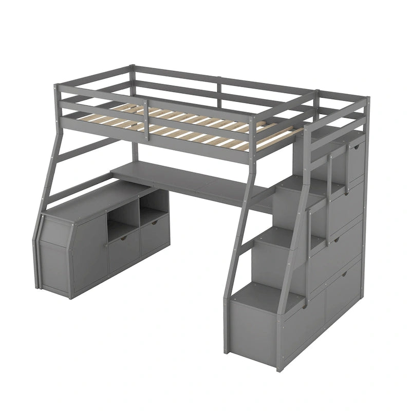 Lit mezzanine gris en pin avec 7 tiroirs, escalier de rangement et bureau, taille double