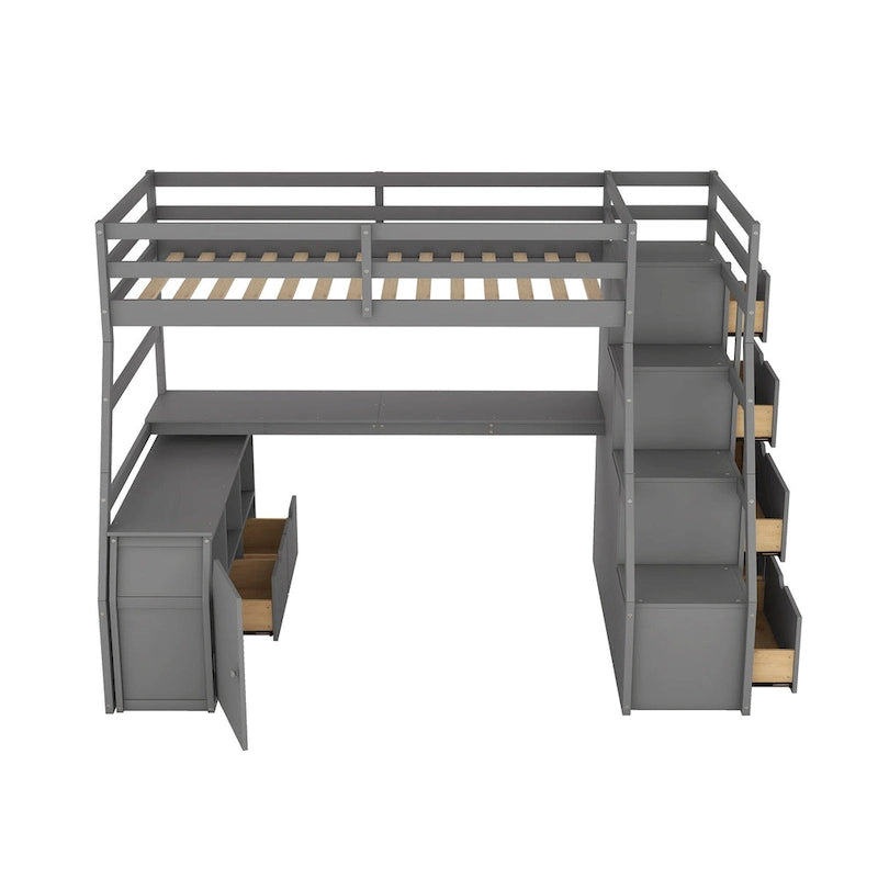 Lit mezzanine gris en pin avec 7 tiroirs, escalier de rangement et bureau, taille double