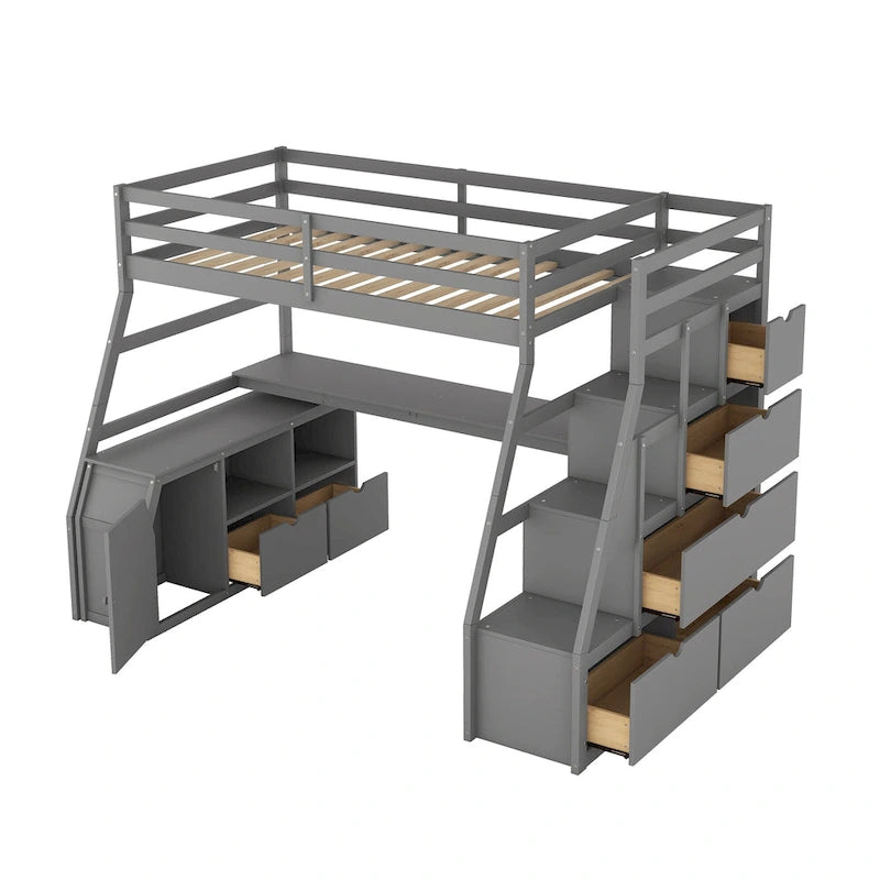 Lit mezzanine gris en pin avec 7 tiroirs, escalier de rangement et bureau, taille double