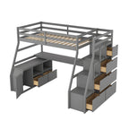 Lit mezzanine gris en pin avec 7 tiroirs, escalier de rangement et bureau, taille double