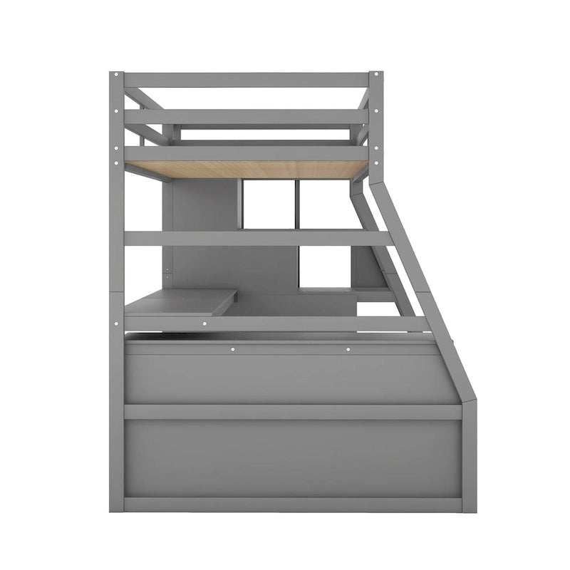 Lit mezzanine gris en pin avec 7 tiroirs, escalier de rangement et bureau, taille double
