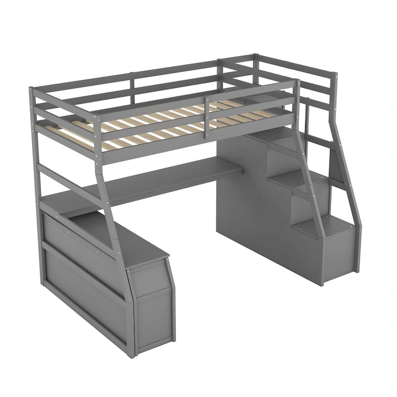 Lit mezzanine gris en pin avec 7 tiroirs, escalier de rangement et bureau, taille double
