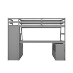 Lit mezzanine gris en pin avec 7 tiroirs, escalier de rangement et bureau, taille double