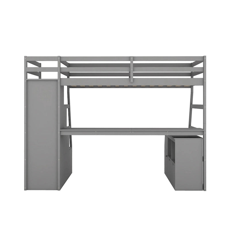 Lit mezzanine gris en pin avec 7 tiroirs, escalier de rangement et bureau, taille double