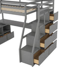 Lit mezzanine gris en pin avec 7 tiroirs, escalier de rangement et bureau, taille double