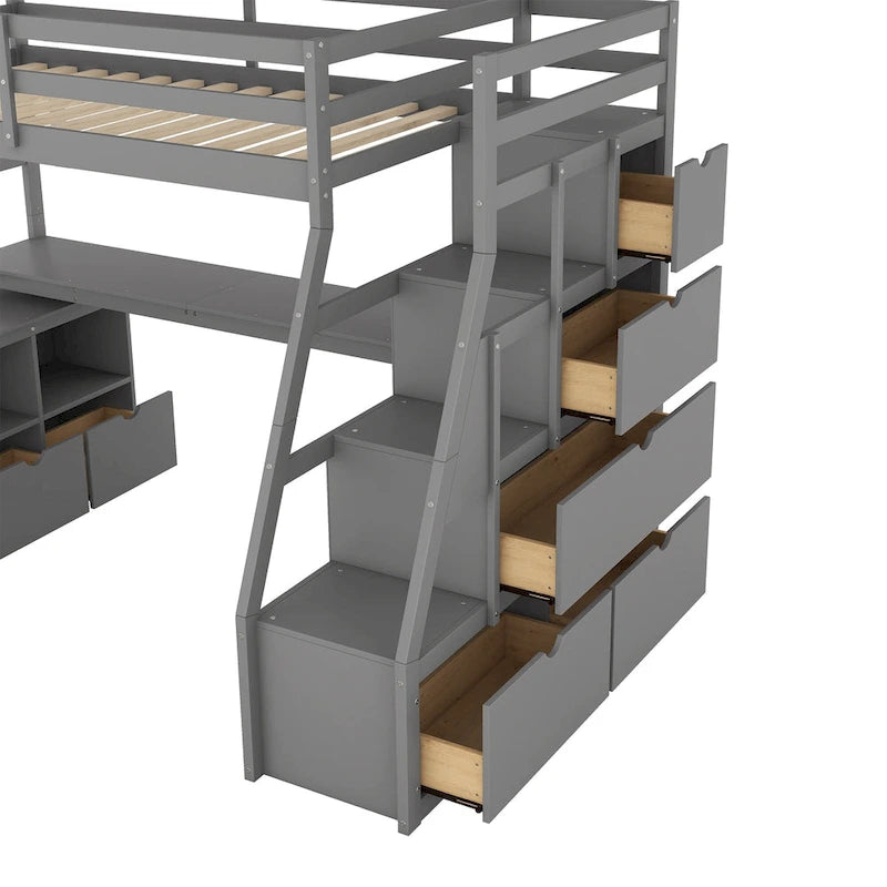 Lit mezzanine gris en pin avec 7 tiroirs, escalier de rangement et bureau, taille double
