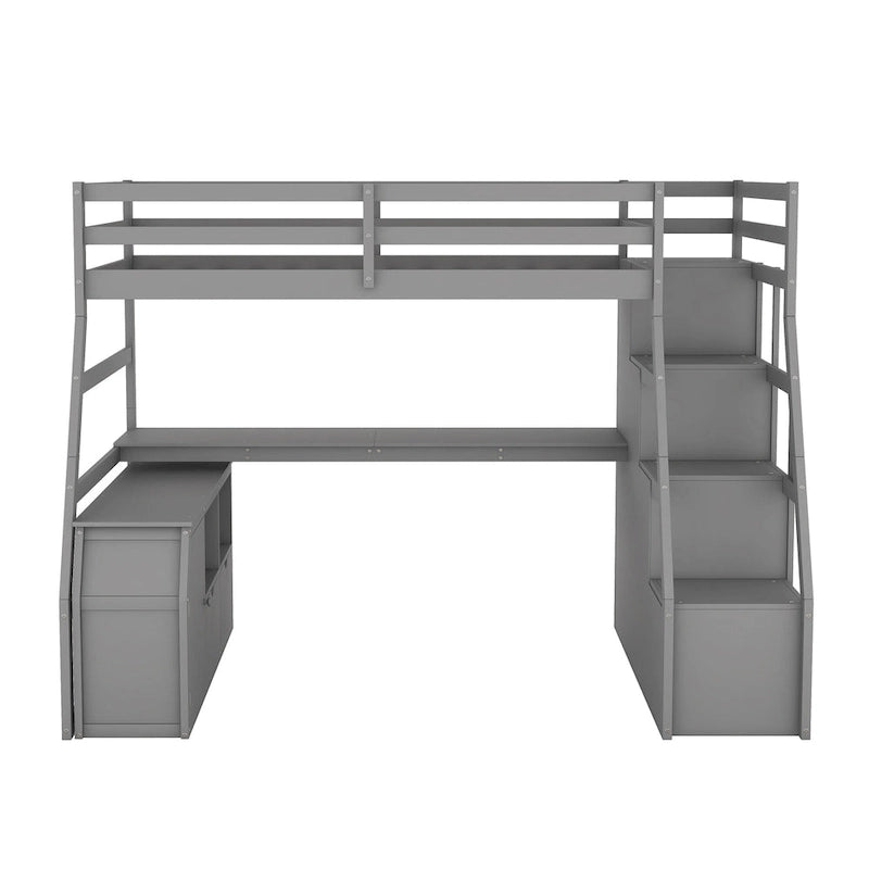 Lit mezzanine gris en pin avec 7 tiroirs, escalier de rangement et bureau, taille double