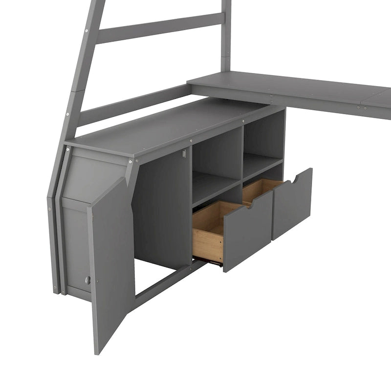 Lit mezzanine gris en pin avec 7 tiroirs, escalier de rangement et bureau, taille double