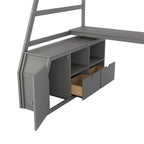 Lit mezzanine gris en pin avec 7 tiroirs, escalier de rangement et bureau, taille double
