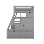 Lit mezzanine gris en pin avec 7 tiroirs, escalier de rangement et bureau, taille double