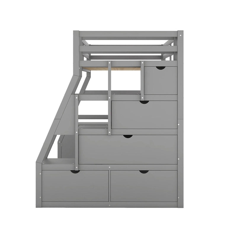 Lit mezzanine gris en pin avec 7 tiroirs, escalier de rangement et bureau, taille double