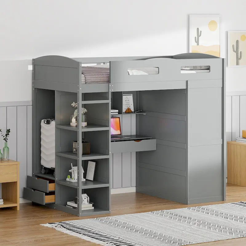 Lit mezzanine simple gris en bois massif avec bureau, armoire, étagères à 4 niveaux et 2 tiroirs