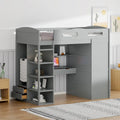 Lit mezzanine simple gris en bois massif avec bureau, armoire, étagères à 4 niveaux et 2 tiroirs