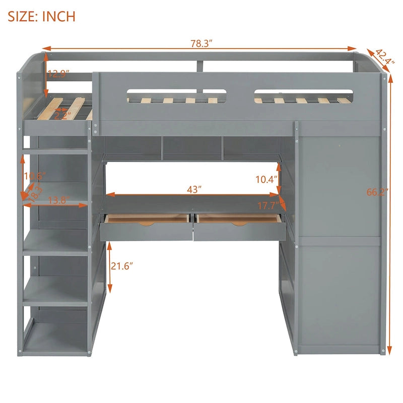 Lit mezzanine simple gris en bois massif avec bureau, armoire, étagères à 4 niveaux et 2 tiroirs
