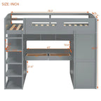 Lit mezzanine simple gris en bois massif avec bureau, armoire, étagères à 4 niveaux et 2 tiroirs