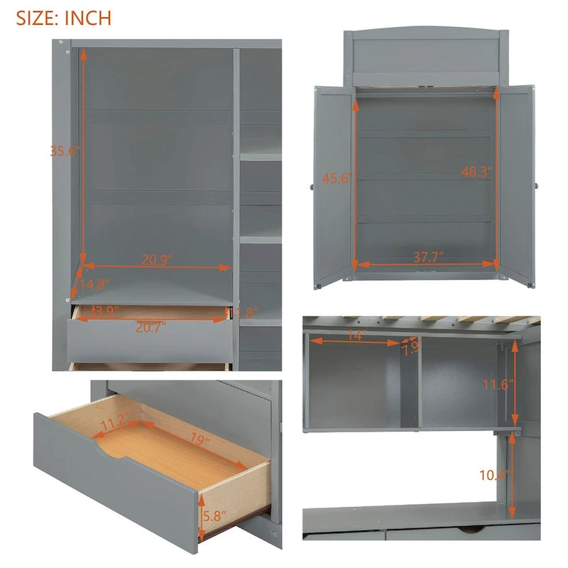 Lit mezzanine simple gris en bois massif avec bureau, armoire, étagères à 4 niveaux et 2 tiroirs