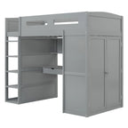 Lit mezzanine simple gris en bois massif avec bureau, armoire, étagères à 4 niveaux et 2 tiroirs