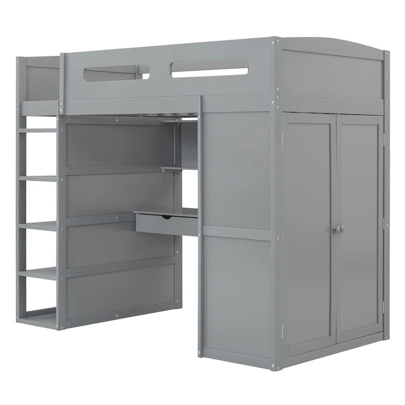 Lit mezzanine simple gris en bois massif avec bureau, armoire, étagères à 4 niveaux et 2 tiroirs