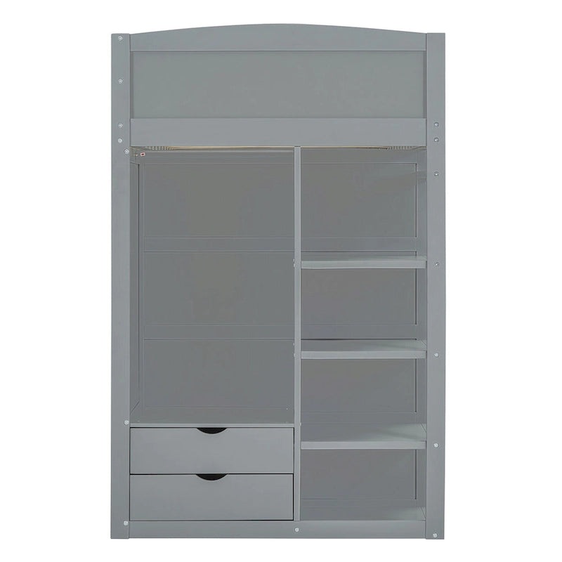 Lit mezzanine simple gris en bois massif avec bureau, armoire, étagères à 4 niveaux et 2 tiroirs