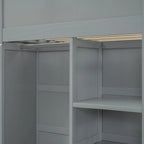 Lit mezzanine simple gris en bois massif avec bureau, armoire, étagères à 4 niveaux et 2 tiroirs