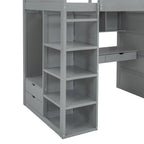 Lit mezzanine simple gris en bois massif avec bureau, armoire, étagères à 4 niveaux et 2 tiroirs