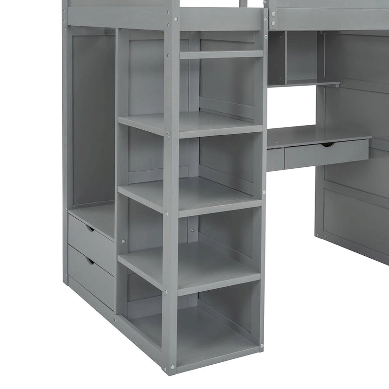 Lit mezzanine simple gris en bois massif avec bureau, armoire, étagères à 4 niveaux et 2 tiroirs