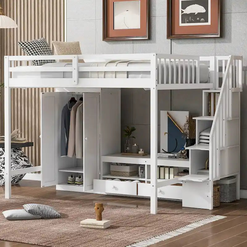 Lit mezzanine blanc en bois massif pleine grandeur avec armoire intégrée et escalier de rangement