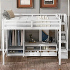 Lit mezzanine blanc en bois massif pleine grandeur avec armoire intégrée et escalier de rangement