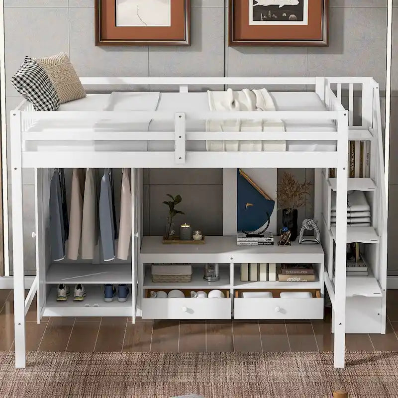 Lit mezzanine blanc en bois massif pleine grandeur avec armoire intégrée et escalier de rangement
