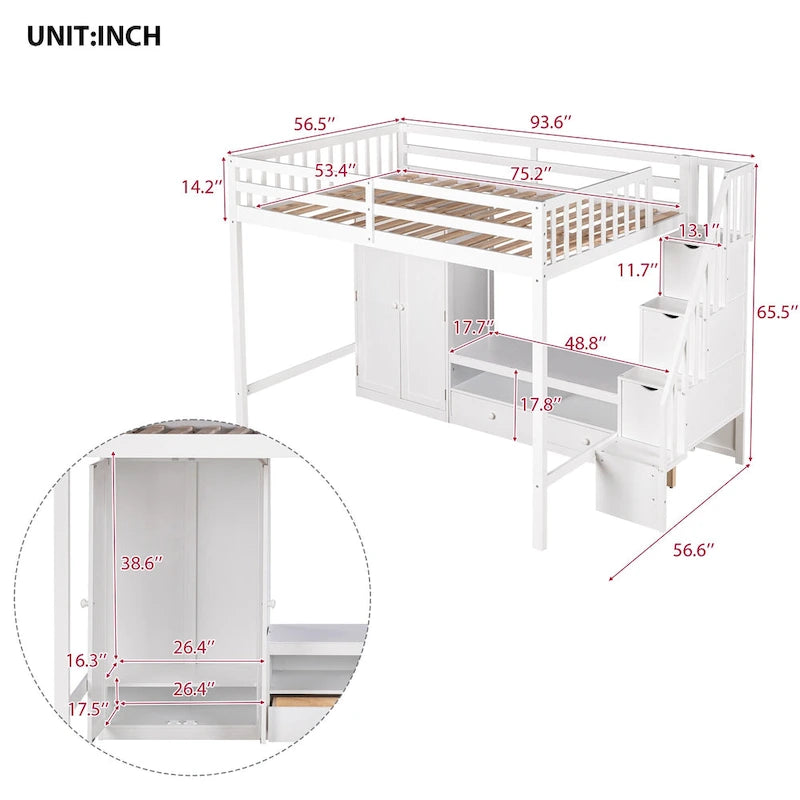 Lit mezzanine blanc en bois massif pleine grandeur avec armoire intégrée et escalier de rangement