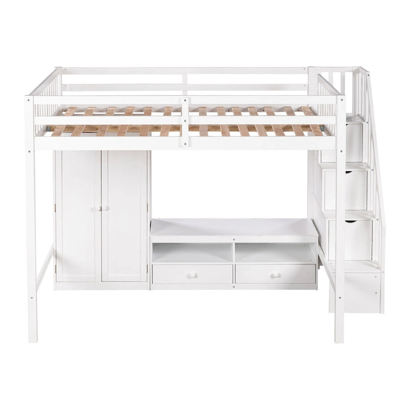 Lit mezzanine blanc en bois massif pleine grandeur avec armoire intégrée et escalier de rangement