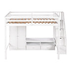 Lit mezzanine blanc en bois massif pleine grandeur avec armoire intégrée et escalier de rangement