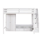 Lit mezzanine blanc en bois massif pleine grandeur avec armoire intégrée et escalier de rangement
