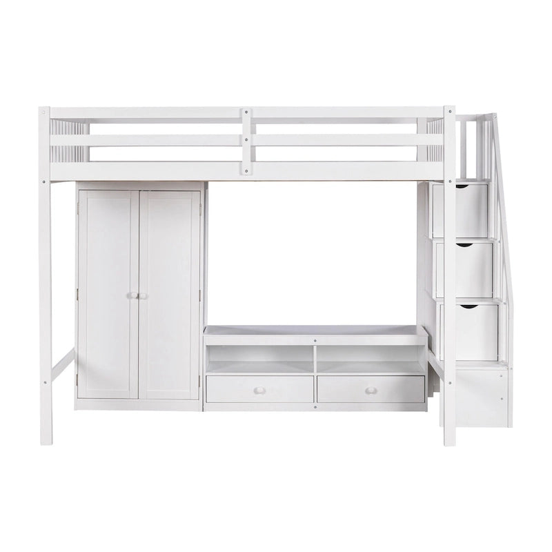 Lit mezzanine blanc en bois massif pleine grandeur avec armoire intégrée et escalier de rangement