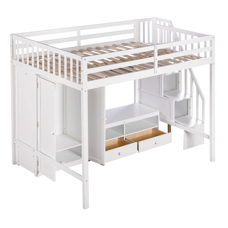 Lit mezzanine blanc en bois massif pleine grandeur avec armoire intégrée et escalier de rangement