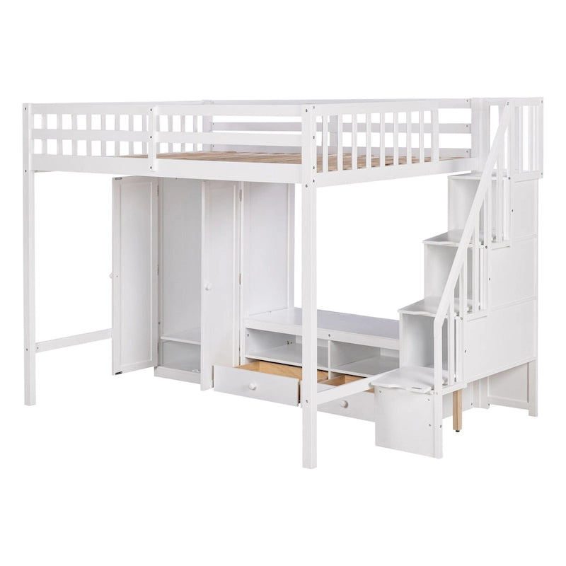 Lit mezzanine blanc en bois massif pleine grandeur avec armoire intégrée et escalier de rangement