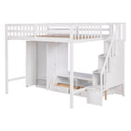 Lit mezzanine blanc en bois massif pleine grandeur avec armoire intégrée et escalier de rangement