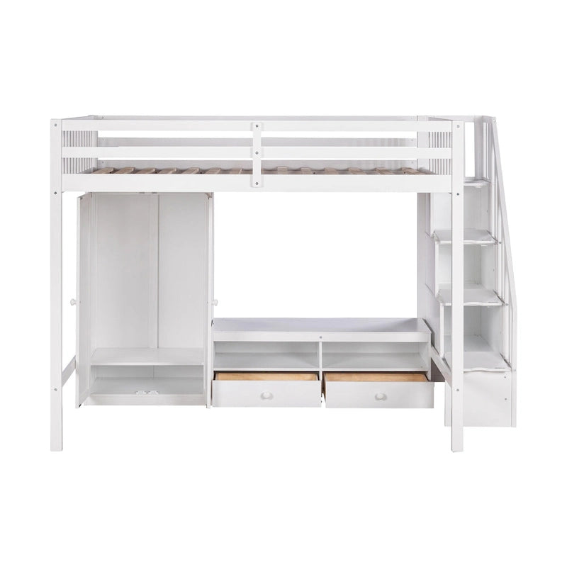 Lit mezzanine blanc en bois massif pleine grandeur avec armoire intégrée et escalier de rangement