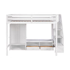 Lit mezzanine blanc en bois massif pleine grandeur avec armoire intégrée et escalier de rangement