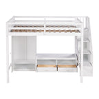Lit mezzanine blanc en bois massif pleine grandeur avec armoire intégrée et escalier de rangement