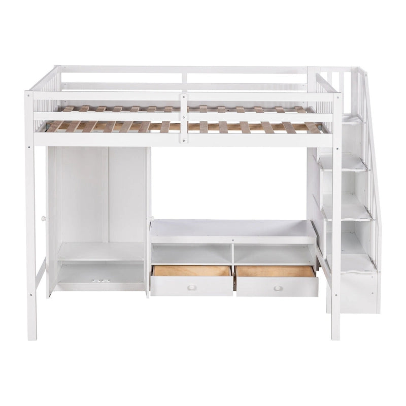 Lit mezzanine blanc en bois massif pleine grandeur avec armoire intégrée et escalier de rangement