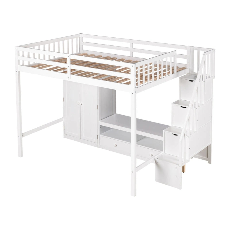 Lit mezzanine blanc en bois massif pleine grandeur avec armoire intégrée et escalier de rangement