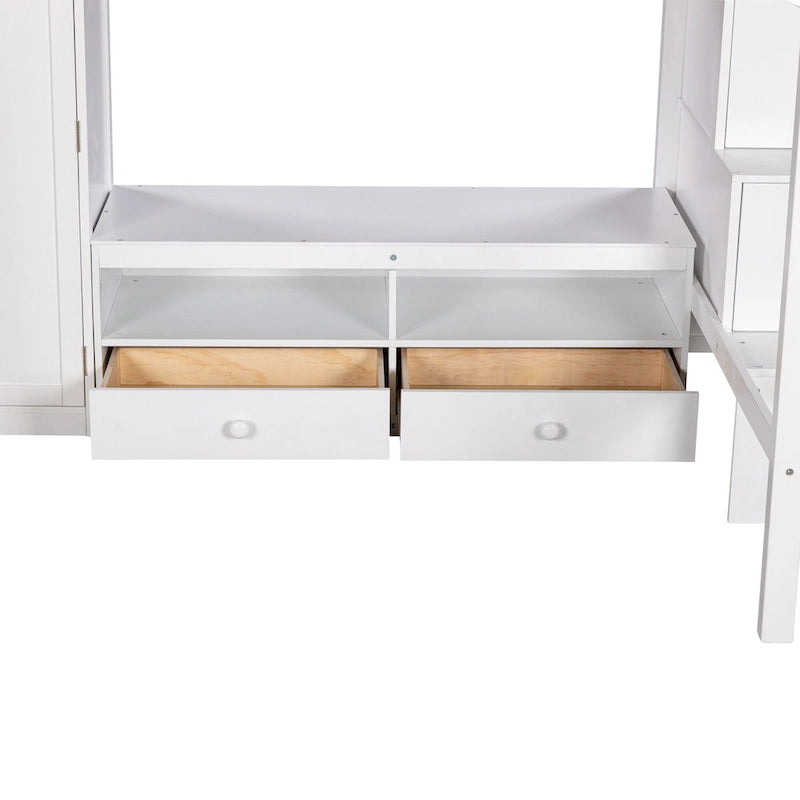Lit mezzanine blanc en bois massif pleine grandeur avec armoire intégrée et escalier de rangement