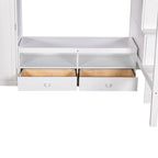 Lit mezzanine blanc en bois massif pleine grandeur avec armoire intégrée et escalier de rangement